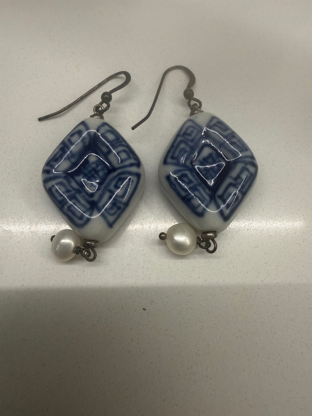 Blue & White Porcelain-Style Dangle Earrings with Pearl Accent
